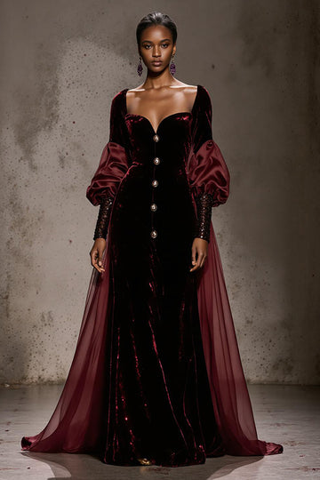 Burgundy Long Sleeve Velvet A Line Evening Dress
